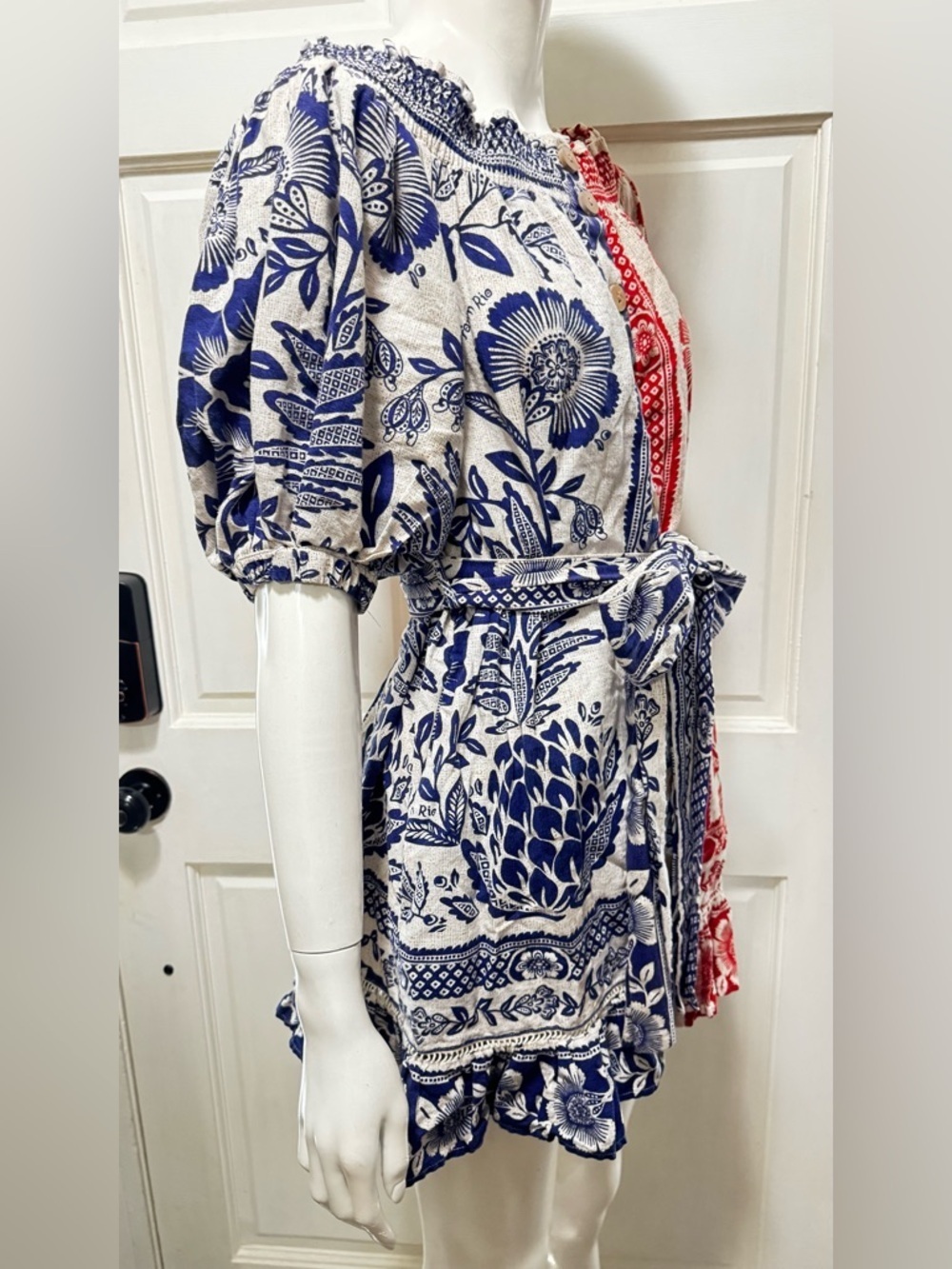 Farm Rio Mixed Pineapple Garden Mini Dress Sz S Red Blue Linen Blend Tie Waist - Picture 4 of 12